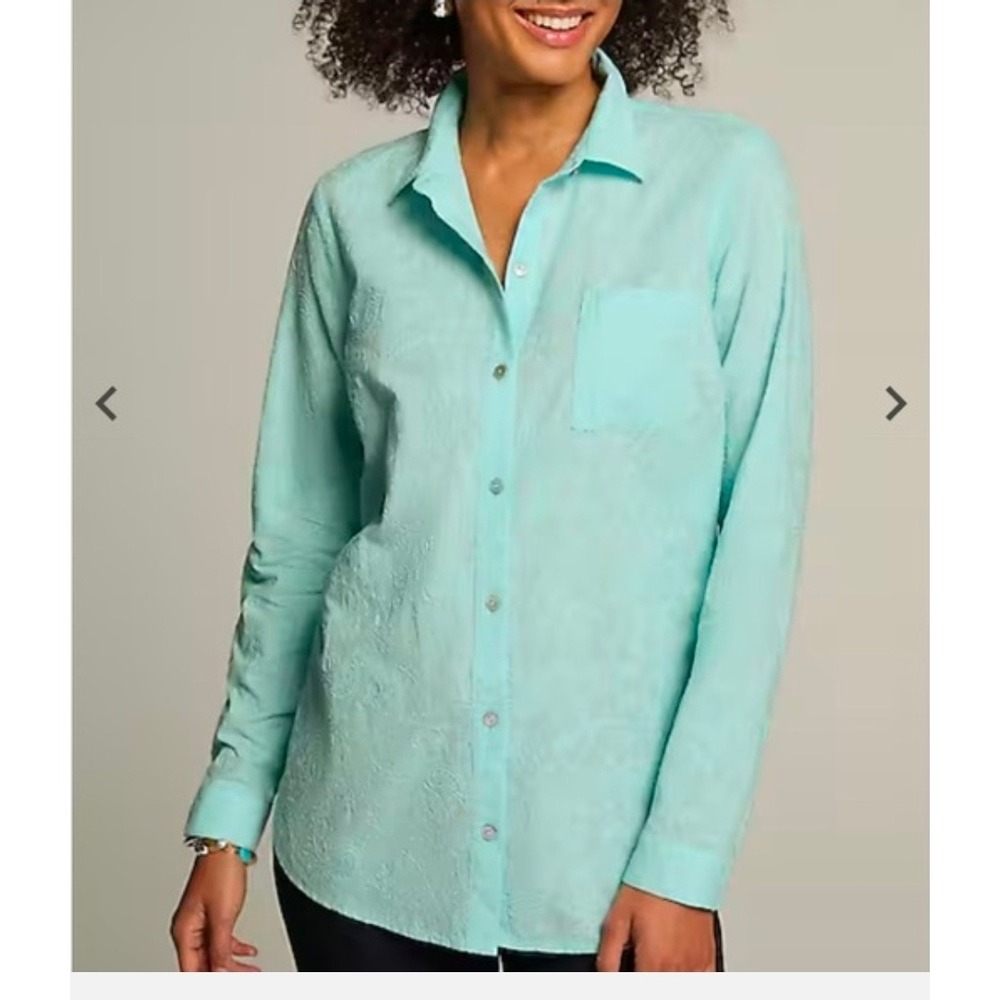 J. Jill Aqua Embroidered Paisley Floral Button Down Shirt Blouse 2X Long‎ Sleeve